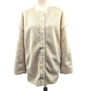 GAP Women Cream Sherpa Teddy Fleece Collarless Snap Button Jacket Coat M
